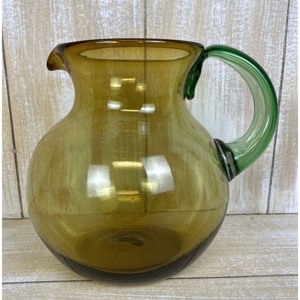 Vintage Art Glass Hand Blown Pitcher Amber & Green With Attached Handle